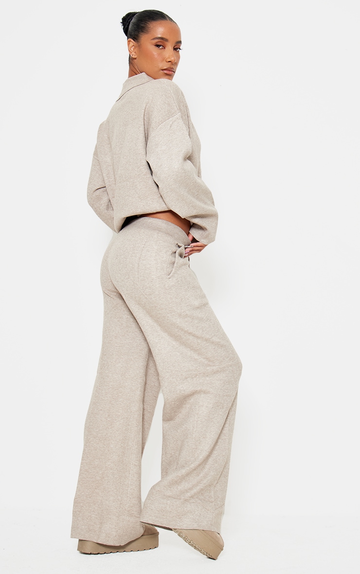 Taupe Knitted Polo Neck Sweater And Wide Leg Pants Set image 2