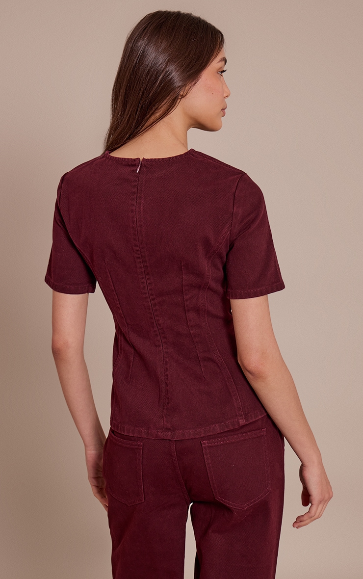 Dark Burgundy Cinched Waist Peplum Denim Top image 2