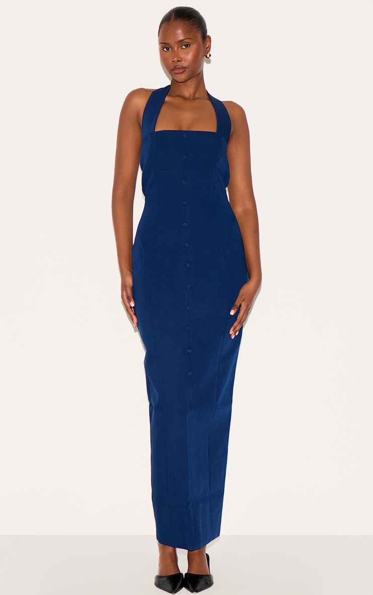 Navy Woven Halter Button Maxi Dress image 1