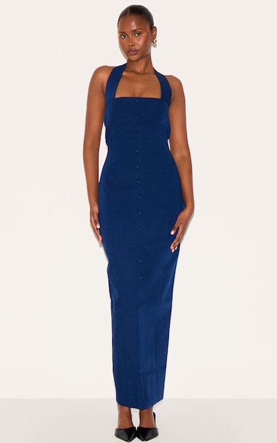Robe longue tissée bleu marine à dos nu et boutons