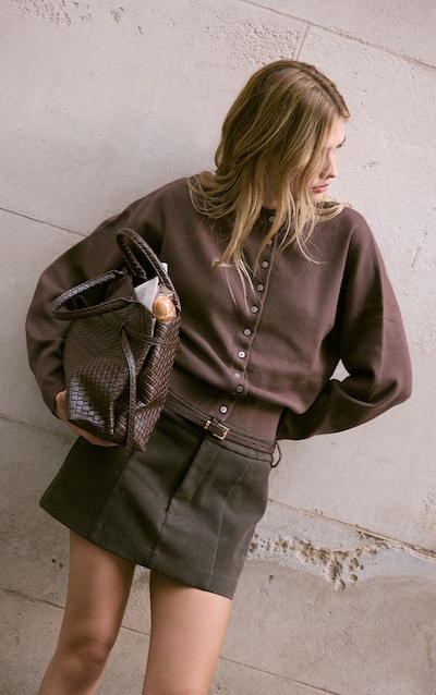 Chocolate Faux Suede Belt Detail Pleated Skirt