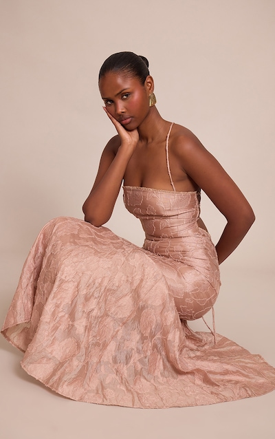 Taupe Textured Lace Up Back Maxi Dress