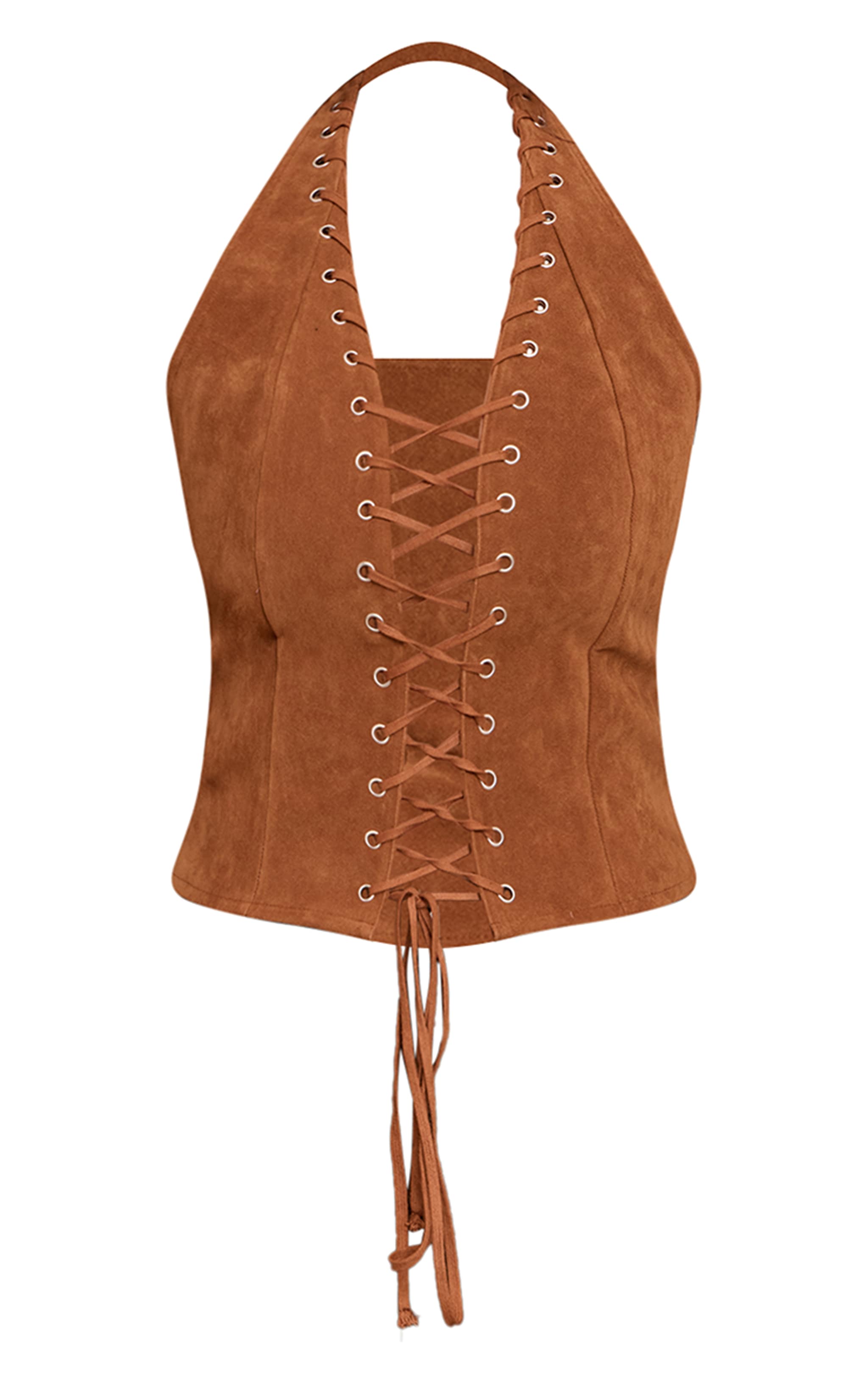 Shape Brown Faux Suede Halter Neck Lace Up Corset image 5
