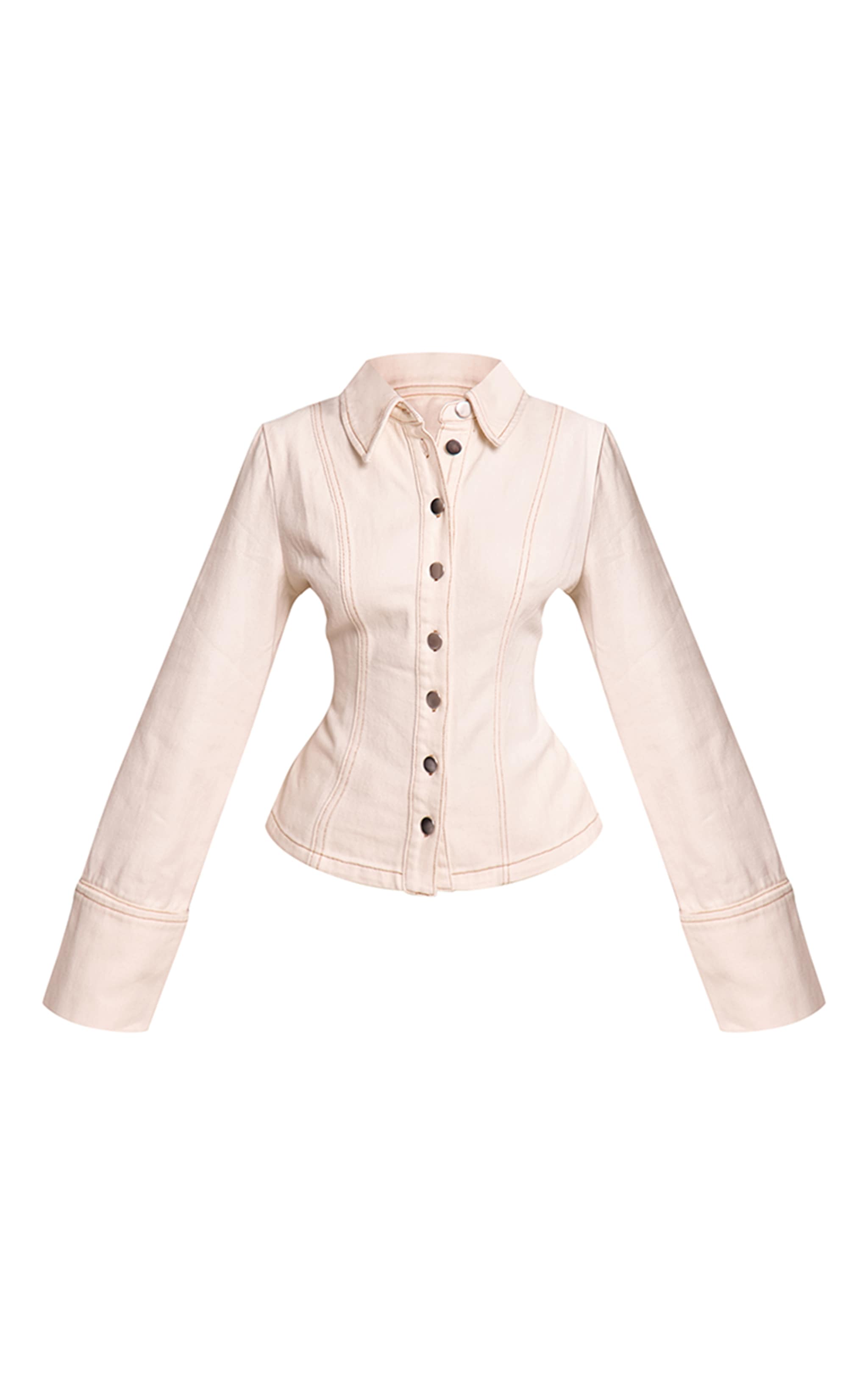Petite Ecru Contrast Stitch Long Sleeve Fitted Denim Shirt image 5