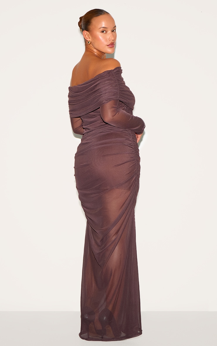 Plus Dark Chocolate Mesh Overlay Long Sleeve Bardot Maxi Dress image 2