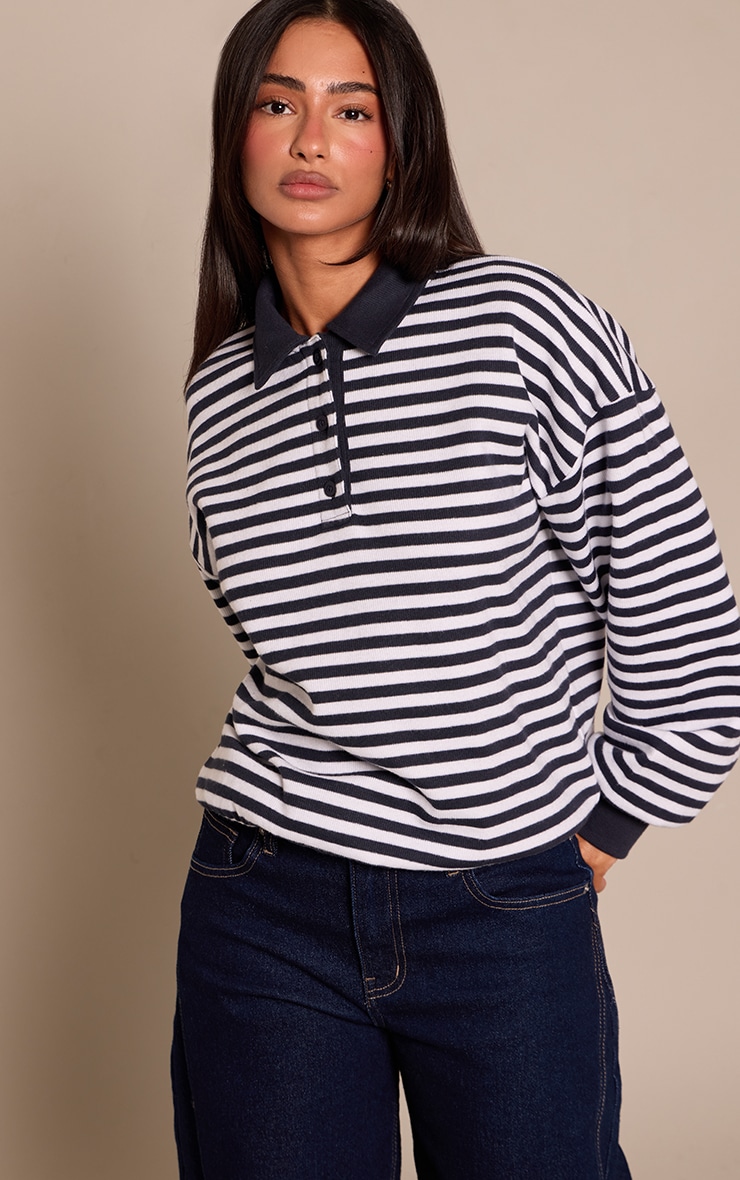 Petite Navy Striped Brushed Button Up Sweatshirt image 1