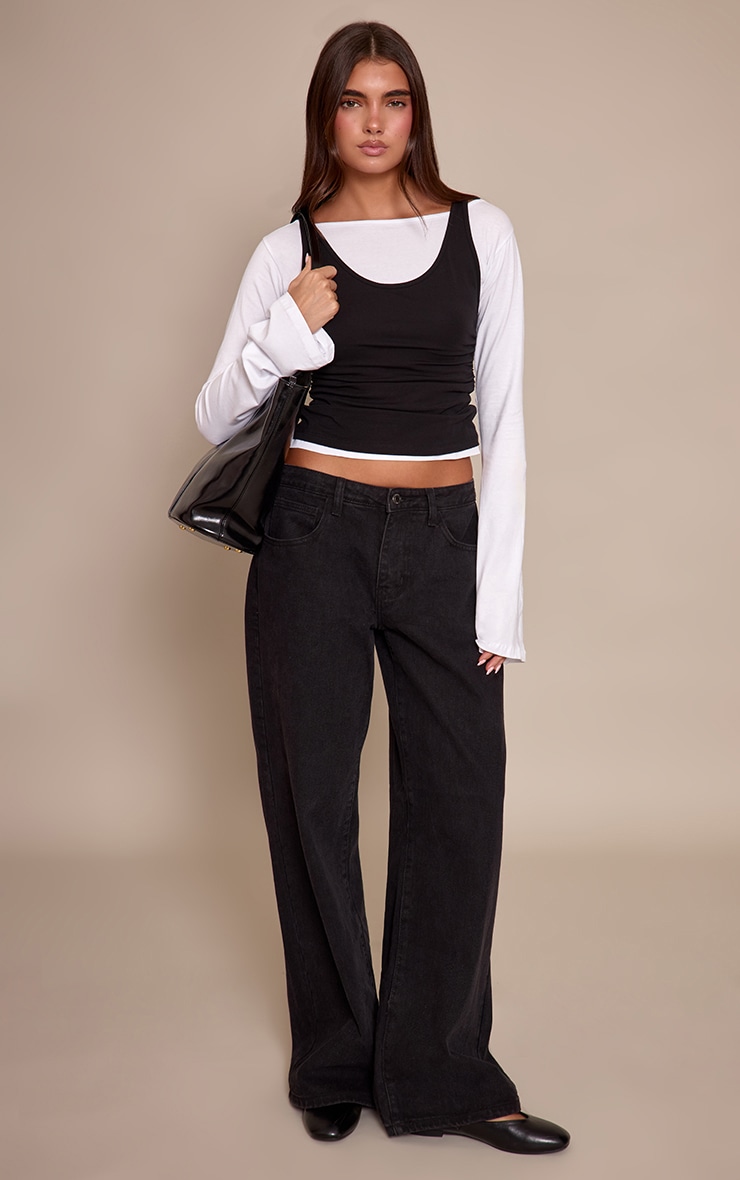 Black Cotton Overlay Detail Long Sleeve Top  image 3