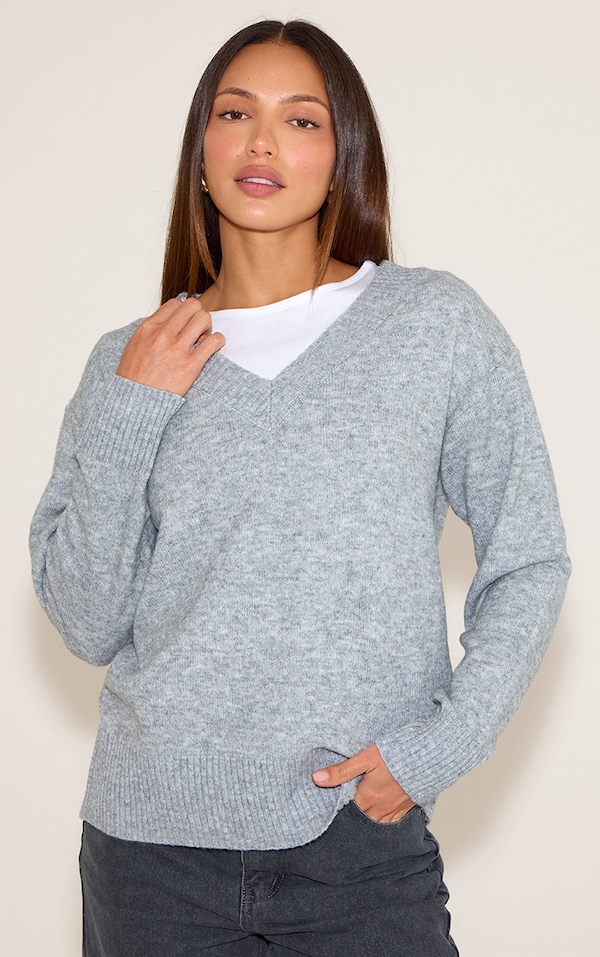 Tall Ash Grey Knit V-neck Sweater