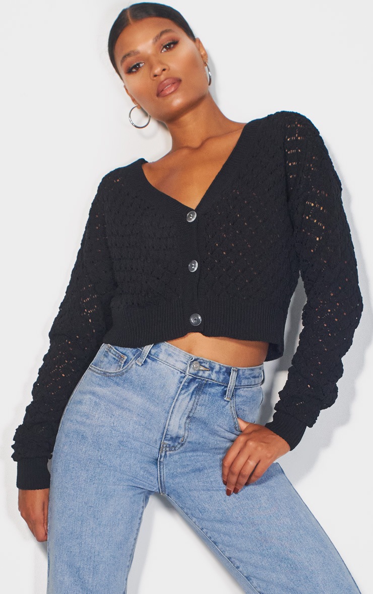 Black Pointelle Detail Button Up Cardigan