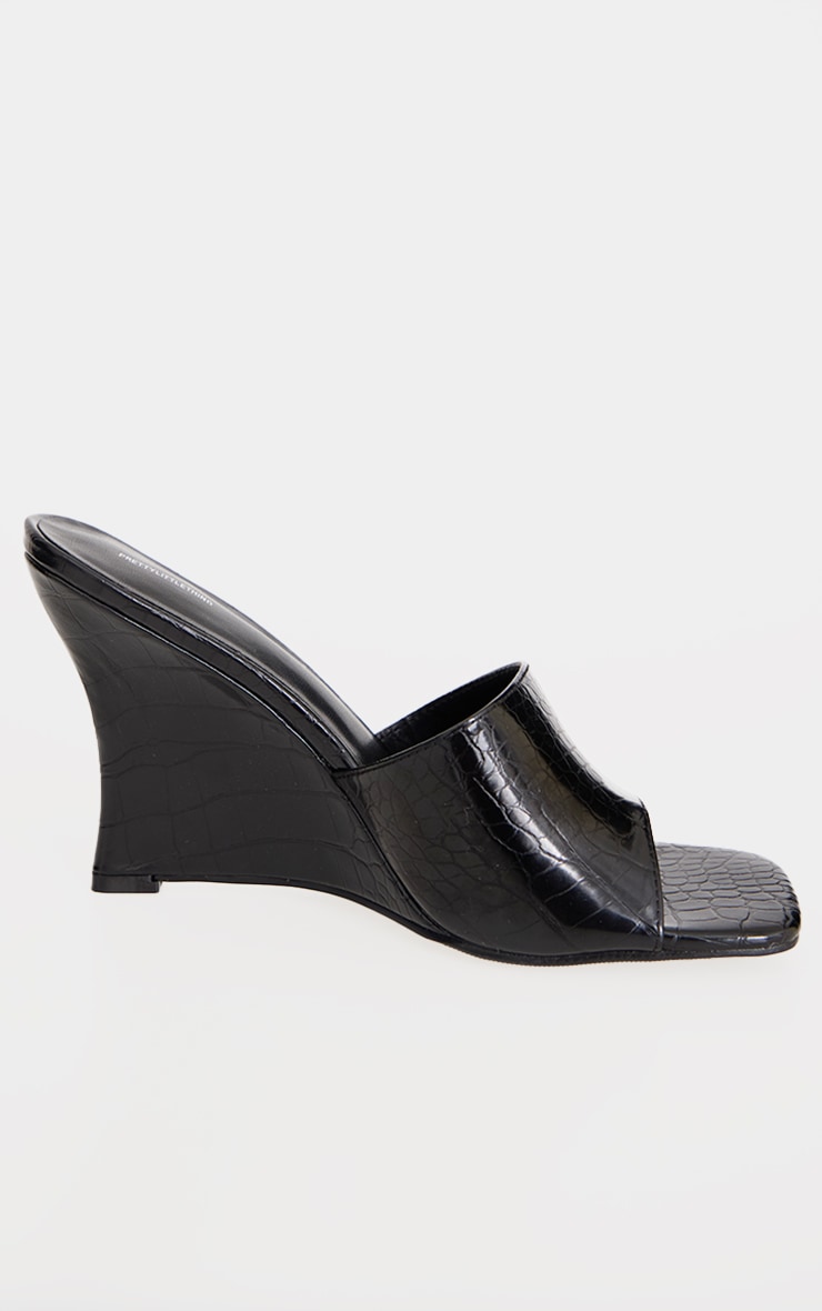 Black Croc PU Square Toe Wedge Heeled Sandals image 4