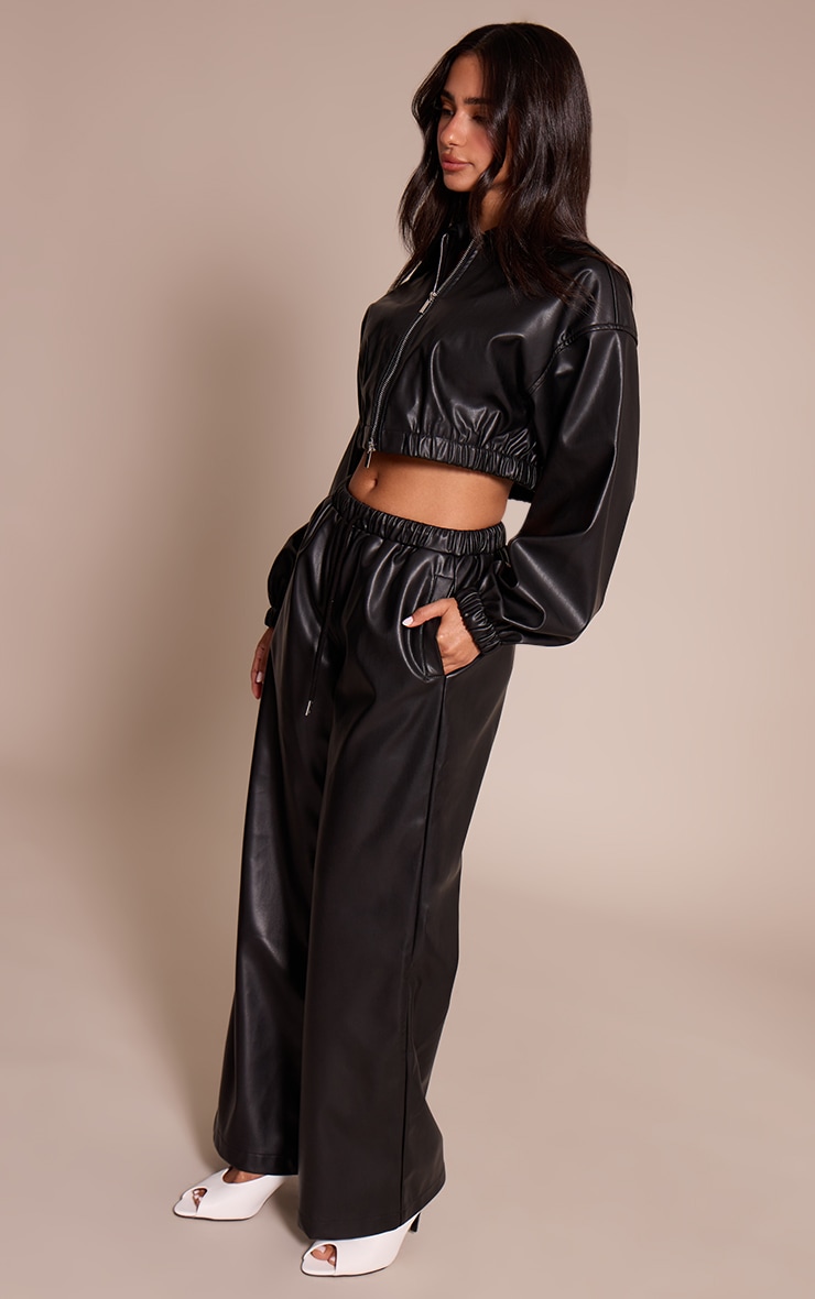 Petite Black PU Elasticated Wide Leg Trousers Petite PLT QA
