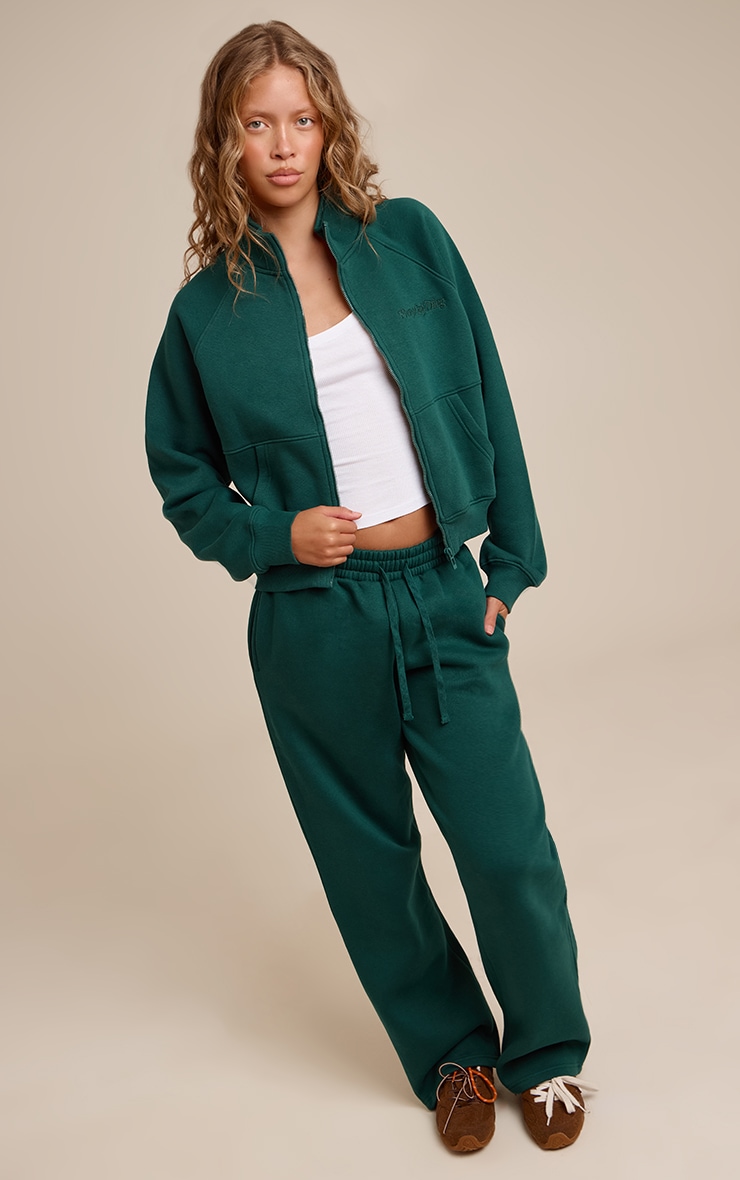 Pine Green Seam Detail Zip Up Fleeceback Jacket image 3