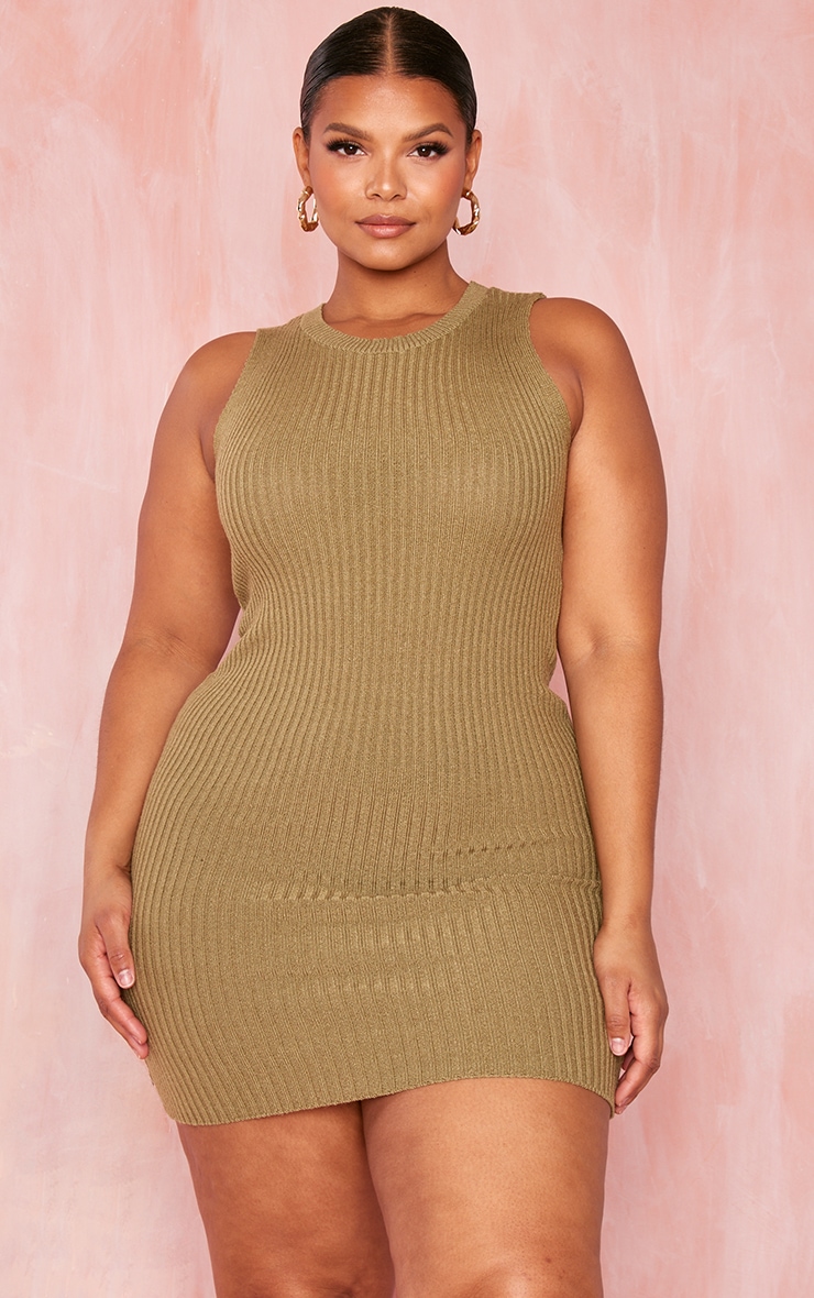 Plus Khaki Knitted Sleeveless Bodycon Dress image 3
