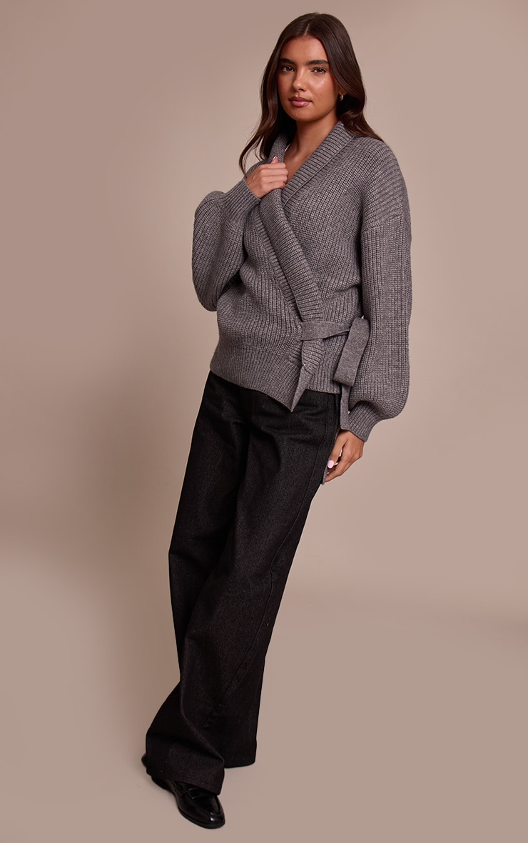 Grey Chunky Knit Rib Wrap Cardigan | Knitwear | PLT KSA