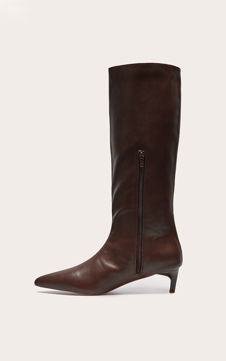 Chocolate Pu Point Toe Low Stiletto Knee High Heeled Boots image 3