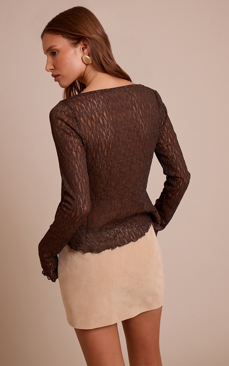 Chocolate Lace Tie Front Ruffle Long Sleeve Top