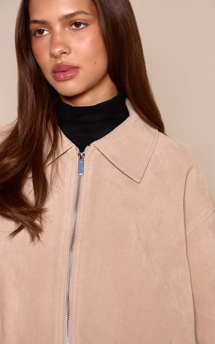 Bone Gathered Hem Zip Up Suede Jacket image 4