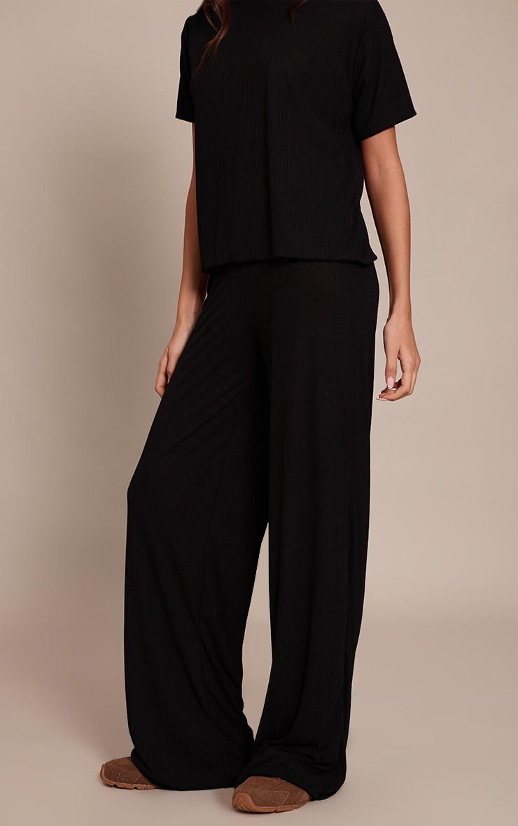 Black Sheer Textured Wide Leg Pants image 2