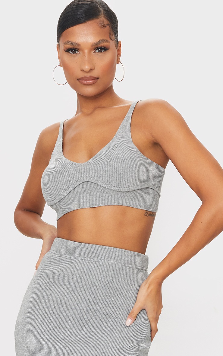 Grey Bust Detail Ribbed Knitted Cropped Top