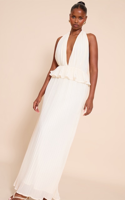 Butter Cream Plisse Halterneck Frill Detail Maxi Dress