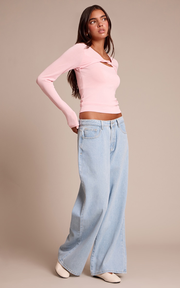 Pink Fine Knit Twist Neck Long Sleeve Top image 3
