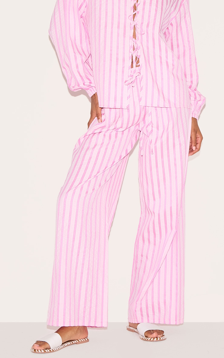 Pink Striped Textured Tie Drawstring Wide Leg Pants image 2