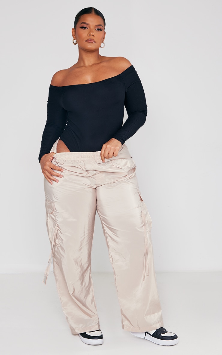 Plus Black Soft Touch Bardot Long Sleeve Top