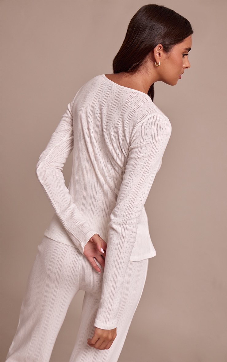 Cream Pointelle Button Up Long Sleeve Top image 2