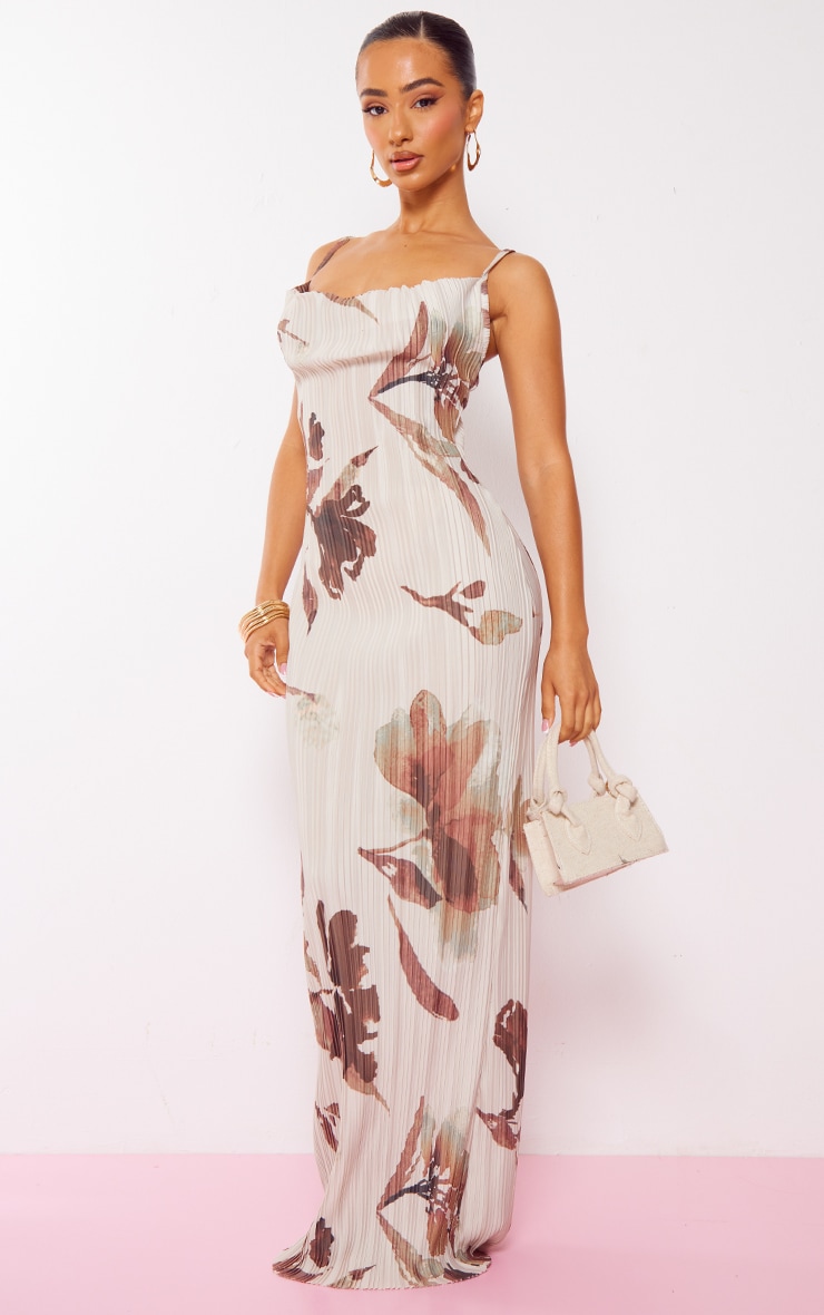 Petite Brown Floral Printed Plisse Cowl Neck Maxi Dress image 3