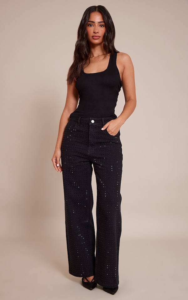 Petite Jean droit noir à taille mi-haute et strass