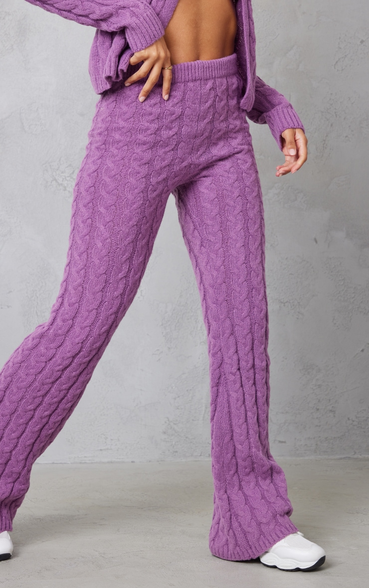  Dark Lilac Cable Knit Wide Leg Knit Trousers image 2