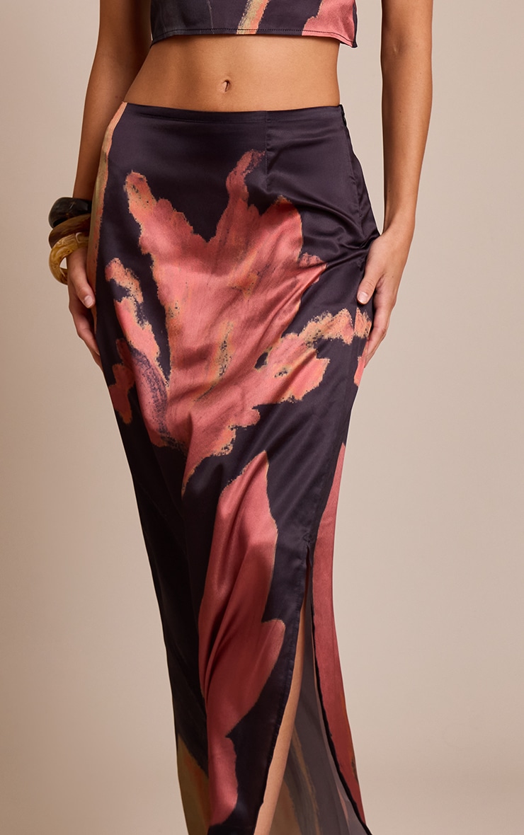 Black Floral Printed Satin Maxi Skirt image 4