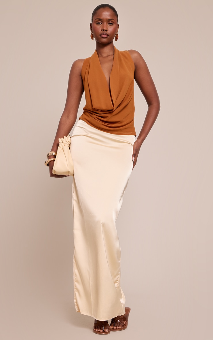 Tan Chiffon Extreme Cowl Neck Detail Long Top image 3