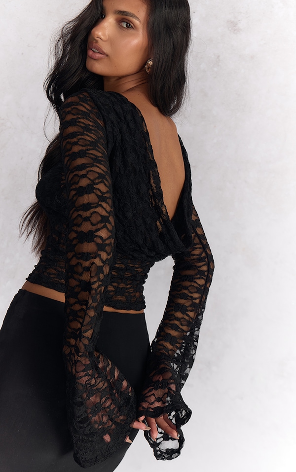 Black Textured Lace Cowl Back Flared Long Sleeve Top
