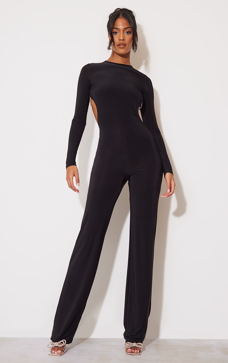 Tall Black Slinky Diamante Back Jumpsuit image 2