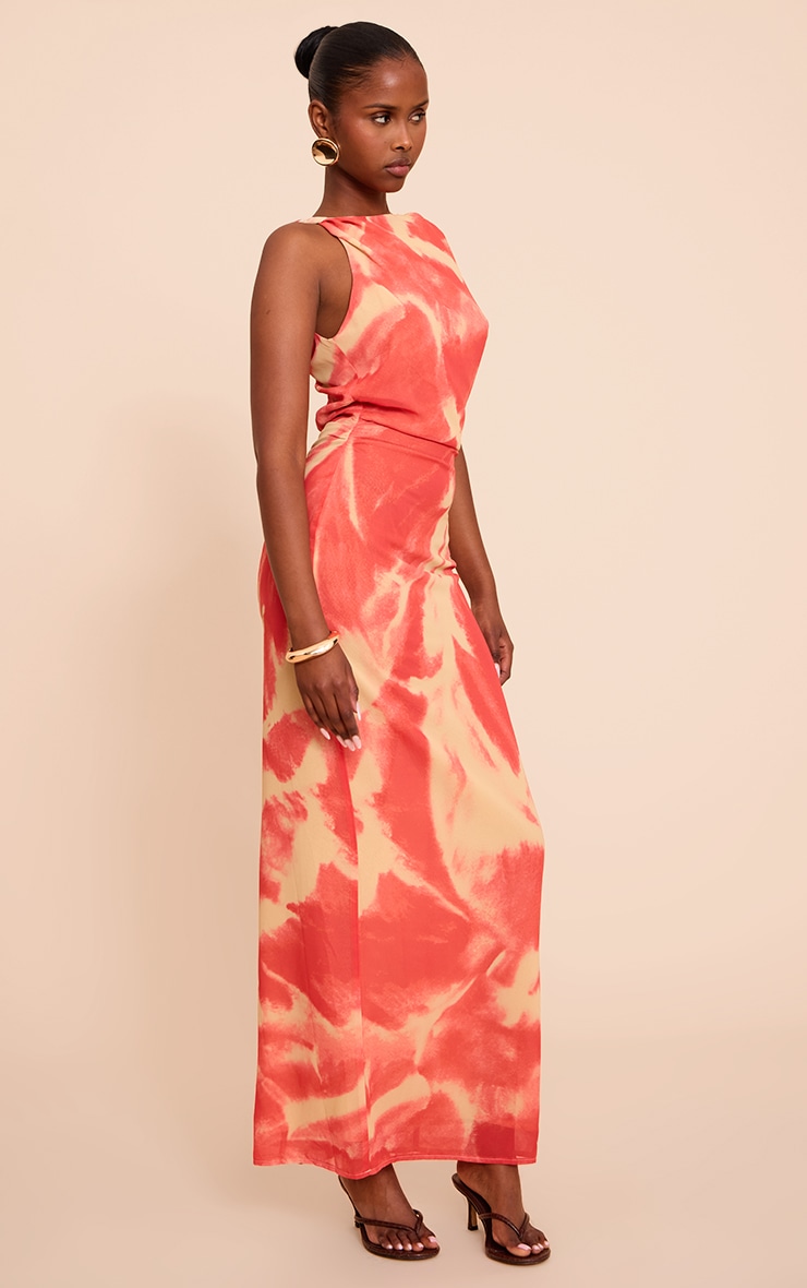 Pink Abstract Printed Chiffon Ruched Maxi Dress image 3