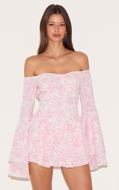 Combishort rose imprimé petites fleurs à col bardot et manches évasées