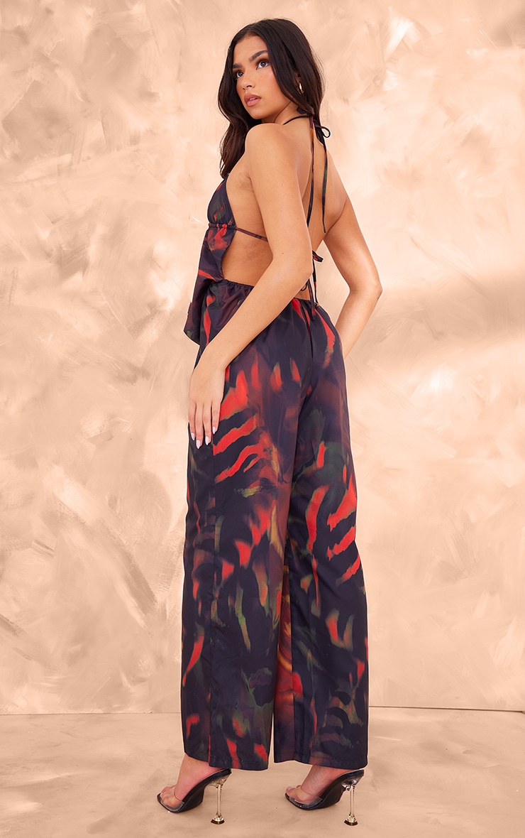 Black Leaf Printed Cowel Detail Halter Neck Jumpsuit image 2