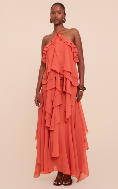 Orange Chiffon Frill Halterneck Floaty Maxi Dress
