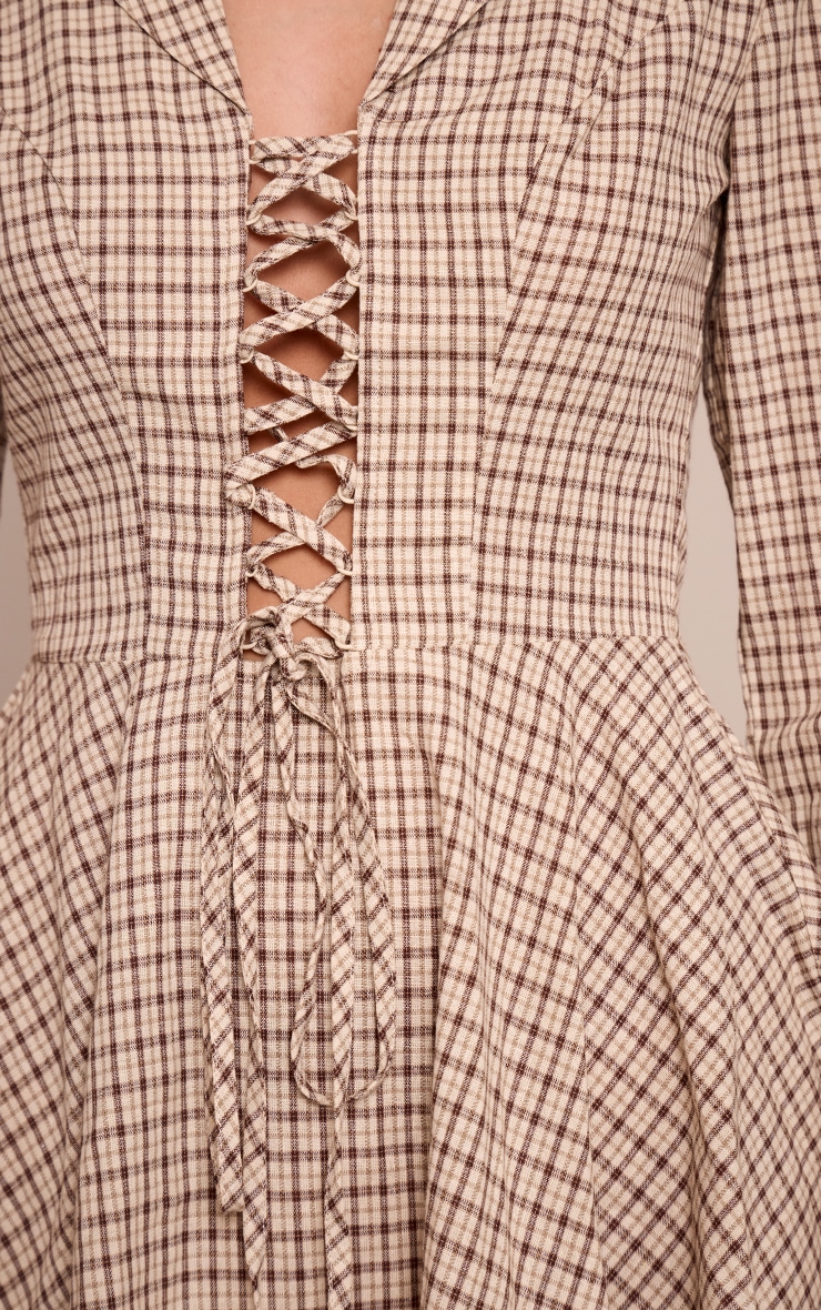 Cream Check Lace Up Long Sleeve Shift Dress image 4