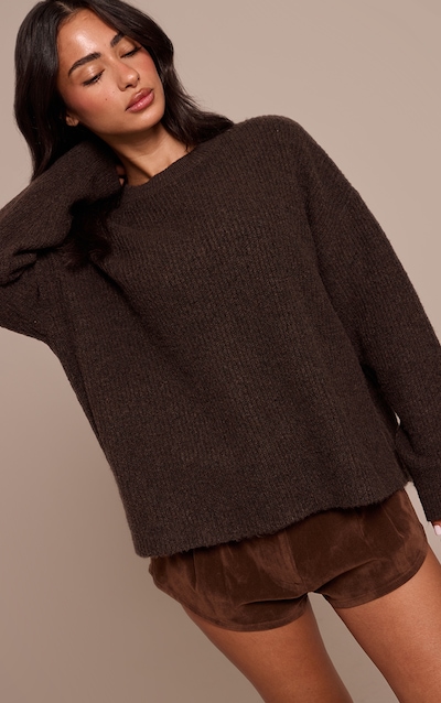 Petite Sweat en maille tricot chocolat à col rond et manches raglan