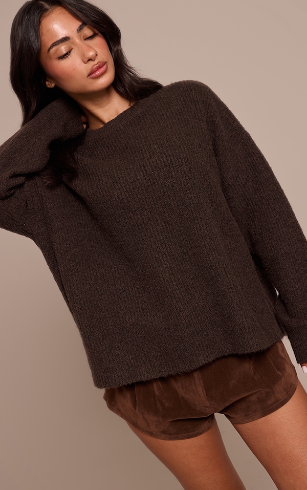 Petite Chocolate Round Neck Knit Raglan Sleeve Sweater