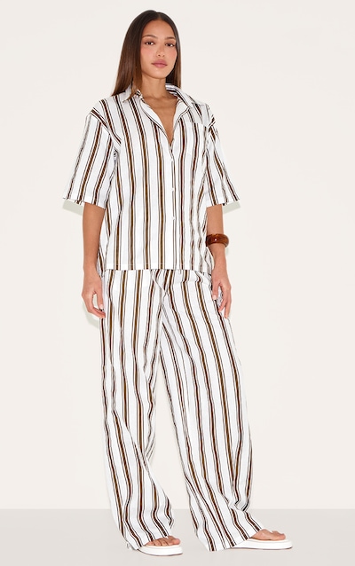 Tall Beige Linen Look Striped Wide Leg Pants