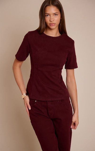 Dark Burgundy Cinched Waist Peplum Denim Top
