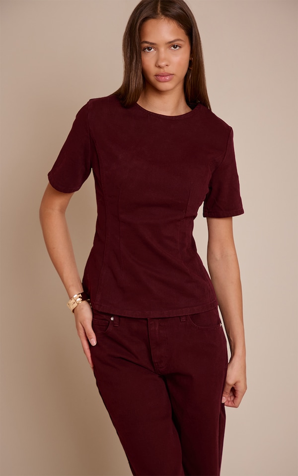 Dark Burgundy Cinched Waist Peplum Denim Top