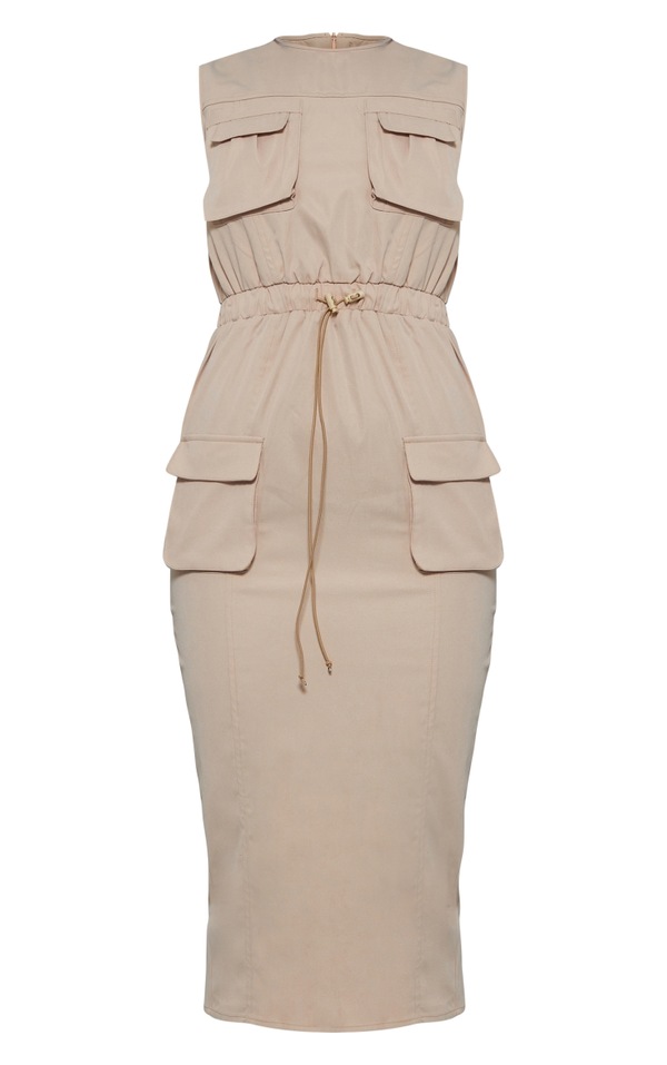 Beige Cargo Sleeveless Pocket Detail Midaxi Dress 