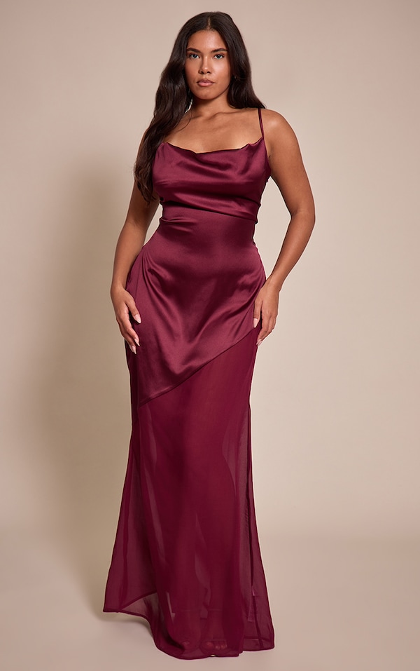 Shape Burgundy Cowl Neck Satin Dropped Hem Chiffon Maxi Dress