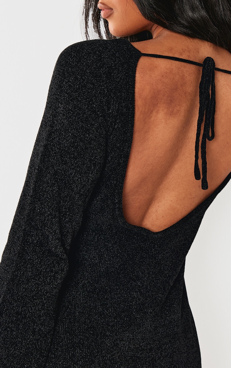 Black Soft Textured Knit Open Back Floaty Dress image 4