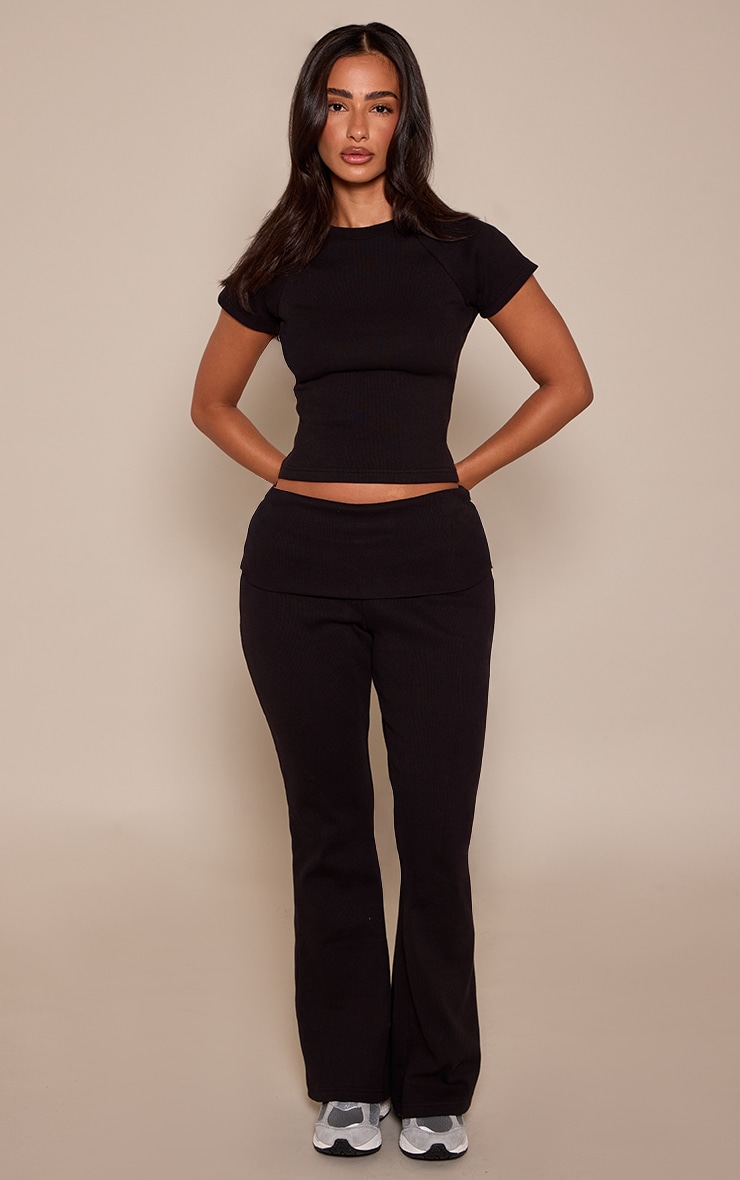 Petite Black Rib Foldover Waist Flares