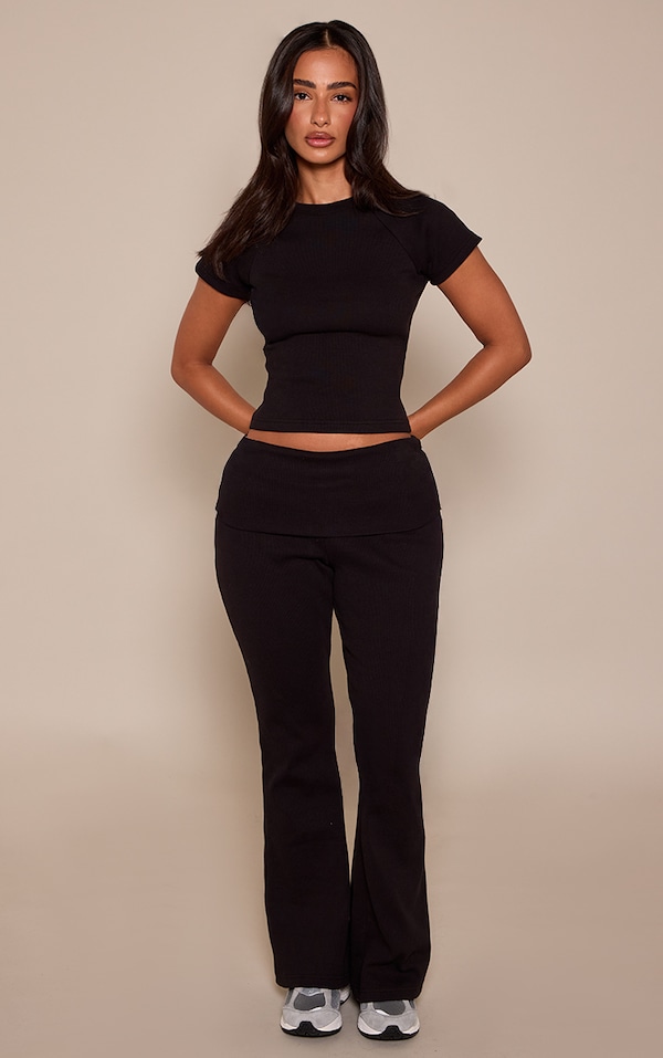Petite Black Rib Foldover Waist Flares